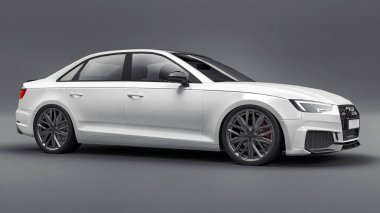 Tula, Rusya. 9 Haziran 2021: Gri arka planda izole edilmiş beyaz Audi RS4 Quattro 2018 lüks araba. 3d oluşturma