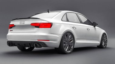 Tula, Rusya. 9 Haziran 2021: Gri arka planda izole edilmiş beyaz Audi RS4 Quattro 2018 lüks araba. 3d oluşturma