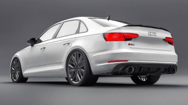 Tula, Rusya. 9 Haziran 2021: Gri arka planda izole edilmiş beyaz Audi RS4 Quattro 2018 lüks araba. 3d oluşturma