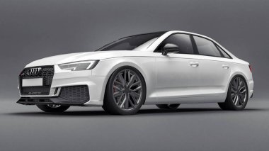 Tula, Rusya. 9 Haziran 2021: Gri arka planda izole edilmiş beyaz Audi RS4 Quattro 2018 lüks araba. 3d oluşturma