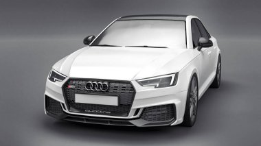Tula, Rusya. 9 Haziran 2021: Gri arka planda izole edilmiş beyaz Audi RS4 Quattro 2018 lüks araba. 3d oluşturma