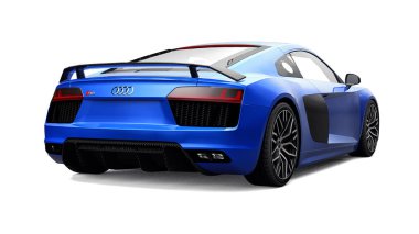 Tula, Rusya. 12 Mayıs 2021: Audi R8 V10 Quattro 2016 mavi lüks spor araba beyaz arka planda izole edildi. 3d oluşturma