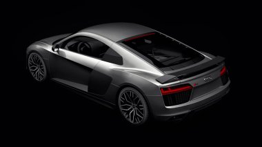 Tula, Rusya. 10 Mayıs 2021: Audi R8 V10 Quattro 2016 gri, şık, siyah arka planda süper spor araba. 3d oluşturma