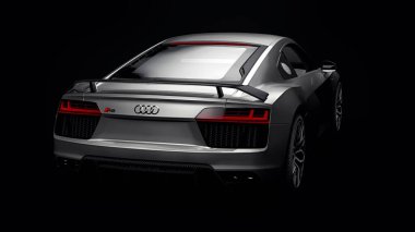 Tula, Rusya. 10 Mayıs 2021: Audi R8 V10 Quattro 2016 gri, şık, siyah arka planda süper spor araba. 3d oluşturma