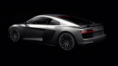 Tula, Rusya. 10 Mayıs 2021: Audi R8 V10 Quattro 2016 gri, şık, siyah arka planda süper spor araba. 3d oluşturma