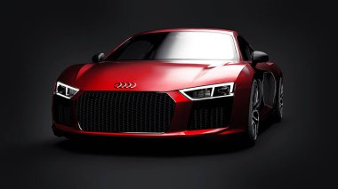 Tula, Russia. May 11, 2021: Audi R8 V10 Quattro 2016 red luxury stylish super sport car on black background. 3d rendering clipart