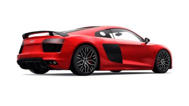 Tula, Rusya. 12 Mayıs 2021: Audi R8 V10 Quattro 2016 kırmızı lüks spor araba beyaz arka planda izole edildi. 3d oluşturma