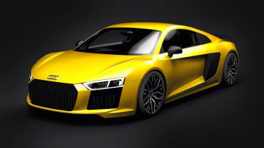 Tula, Rusya. 12 Mayıs 2021: Audi R8 V10 Quattro 2016 sarı lüks süper spor araba siyah arka planda. 3d oluşturma