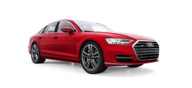 Tula, Rusya. 25 Şubat 2021: Kırmızı Audi A8 Quattro 2020 lüks araba beyaz arka planda izole edildi. 3d oluşturma