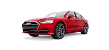 Tula, Rusya. 25 Şubat 2021: Kırmızı Audi A8 Quattro 2020 lüks araba beyaz arka planda izole edildi. 3d oluşturma