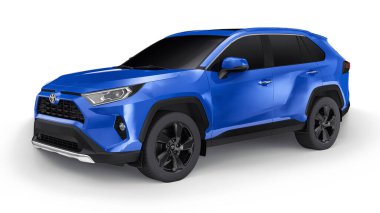 Tula, Rusya. 24 Haziran 2021: Toyota RAV4 2020 şehir mavi arabası beyaz arka planda izole edildi. 3d illüstrasyon