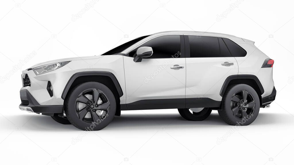 Tula, Russia. June 22, 2021: Toyota RAV4 SUV 2020 city white car isolated on white background. 3d illustration