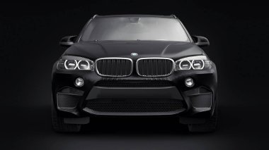Tula, Rusya. 28 Haziran 2021: BMW X5M F85 siyah lüks spor araba siyah arka planda izole edildi. 3d illüstrasyon