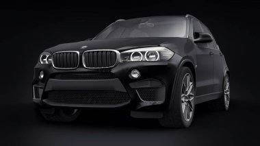 Tula, Rusya. 28 Haziran 2021: BMW X5M F85 siyah lüks spor araba siyah arka planda izole edildi. 3d illüstrasyon