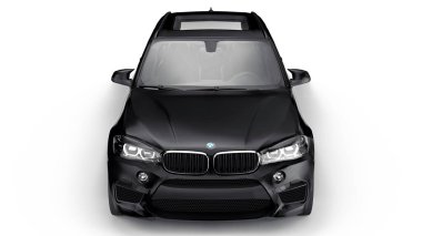Tula, Rusya. 27 Haziran 2021: BMW X5M F85 siyah lüks SUV aracı beyaz arka planda izole edildi. 3d illüstrasyon