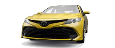 Tula, Rusya. 23 Haziran 2021: Toyota Camry Sedan 2020 şehir sarı arabası beyaz arka planda izole edildi. 3d oluşturma