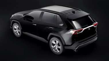 Tula, Rusya. 26 Haziran 2021: Toyota RAV4 SUV 2020 siyah araç siyah arka planda izole edildi. 3d illüstrasyon