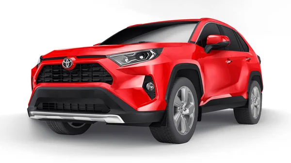 Тула, Россия. 23 июня 2021: Toyota RAV4 SUV 2020 город красный автомобиль изолирован на белом фоне. 3d иллюстрация. — стоковое фото