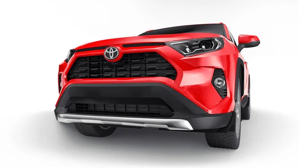 Tula, Ryssland. 23 juni 2021: Toyota RAV4 SUV 2020 stad röd bil isolerad på vit bakgrund. 3D-illustration. — Stockfoto