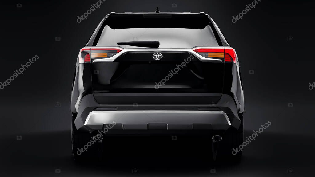 Tula, Russia. June 26, 2021: Toyota RAV4 SUV 2020 city black car isolated on black background. 3d illustration
