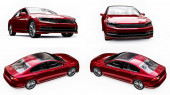 3D illusztráció. 3d renderelés egy márka nélküli generikus piros autó fehér stúdió környezetben