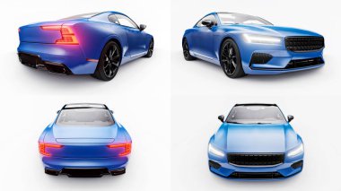 3 boyutlu illüstrasyon. Konsept spor premium coupe. Beyaz arka planda mavi araba. Eklenti hibrit. Çevre dostu ulaşım teknolojileri. 3d oluşturma.