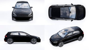 3 boyutlu illüstrasyon. Beyaz arka planda küçük siyah aile arabası hatchback 'i. 3d oluşturma