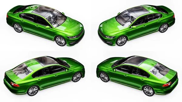 Иллюстрация Рендеринг Безбрендового Универсального Зеленого Автомобиля Белой Студии — стоковое фото
