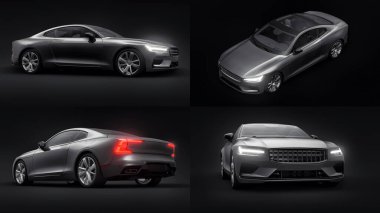 3 boyutlu illüstrasyon. Konsept spor premium coupe. Eklenti hibrit. Çevre dostu ulaşım teknolojileri. Beyaz arka planda siyah araba. 3d oluşturma