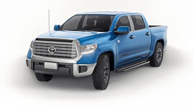 Tula, Rusya. 8 Haziran 2021: Toyota Tundra 2020 tam boy mavi kamyonet beyaz arka planda izole edildi. 3d oluşturma