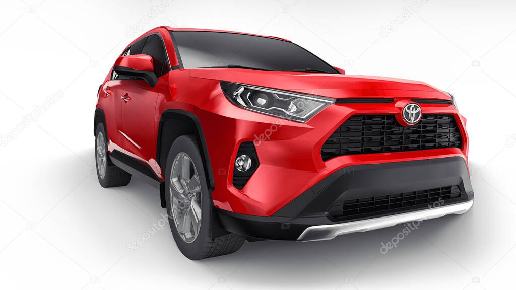 Tula, Russia. June 23, 2021: Toyota RAV4 SUV 2020 city red car isolated on white background. 3d illustration