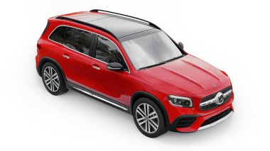 Tula, Rusya. 4 Temmuz 2021: Mercedes-Benz GLB 2020 kırmızı kompakt lüks SUV arabası beyaz arka planda izole edildi. 3d illüstrasyon
