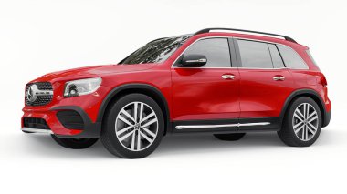 Tula, Rusya. 4 Temmuz 2021: Mercedes-Benz GLB 2020 kırmızı kompakt lüks SUV arabası beyaz arka planda izole edildi. 3d illüstrasyon