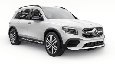 Tula, Rusya. 3 Temmuz 2021: Mercedes-Benz GLB 2020 beyaz kompakt lüks SUV arabası beyaz arka planda izole edildi. 3d illüstrasyon