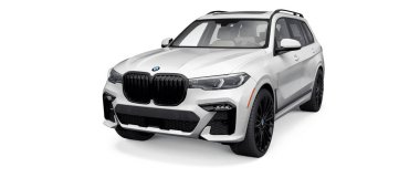 Tula, Rusya. 4 Temmuz 2021: BMW X7 i50 beyaz SUV arabası beyaz arka planda izole edildi. 3d oluşturma