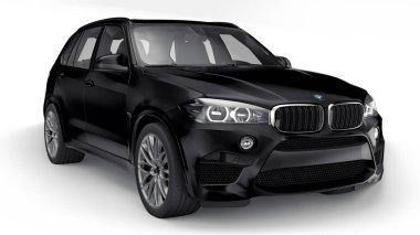 Tula, Rusya. 27 Haziran 2021: BMW X5M F85 siyah lüks SUV aracı beyaz arka planda izole edildi. 3d illüstrasyon