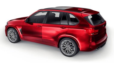Tula, Rusya. 26 Haziran 2021: BMW X5M F85 kırmızı lüks SUV arabası beyaz arka planda izole edildi. 3d illüstrasyon