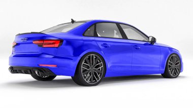 Tula, Rusya. 8 Haziran 2021: Mavi Audi RS4 Quattro 2018 lüks araba beyaz arka planda izole edildi. 3d oluşturma