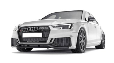 Tula, Rusya. 9 Haziran 2021: Gri Audi RS4 Quattro 2018 lüks araba beyaz arka planda izole edildi. 3d oluşturma