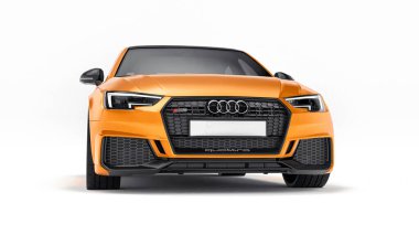 Tula, Rusya. 9 Haziran 2021: Orange Audi RS4 Quattro 2018 lüks araba beyaz arka planda izole edildi. 3d oluşturma