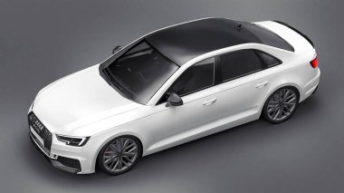 Tula, Rusya. 9 Haziran 2021: Gri arka planda izole edilmiş beyaz Audi RS4 Quattro 2018 lüks araba. 3d oluşturma