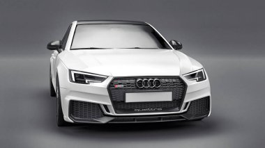 Tula, Rusya. 9 Haziran 2021: Gri arka planda izole edilmiş beyaz Audi RS4 Quattro 2018 lüks araba. 3d oluşturma