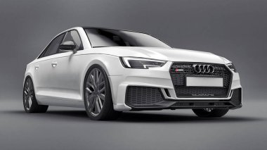 Tula, Rusya. 9 Haziran 2021: Gri arka planda izole edilmiş beyaz Audi RS4 Quattro 2018 lüks araba. 3d oluşturma