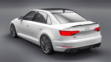 Tula, Rusya. 9 Haziran 2021: Gri arka planda izole edilmiş beyaz Audi RS4 Quattro 2018 lüks araba. 3d oluşturma