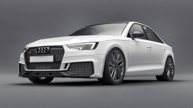 Tula, Rusya. 9 Haziran 2021: Gri arka planda izole edilmiş beyaz Audi RS4 Quattro 2018 lüks araba. 3d oluşturma