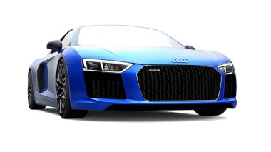 Tula, Rusya. 12 Mayıs 2021: Audi R8 V10 Quattro 2016 mavi lüks spor araba beyaz arka planda izole edildi. 3d oluşturma