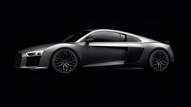 Tula, Rusya. 10 Mayıs 2021: Audi R8 V10 Quattro 2016 gri, şık, siyah arka planda süper spor araba. 3d oluşturma