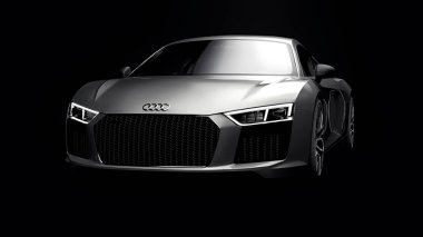 Tula, Rusya. 10 Mayıs 2021: Audi R8 V10 Quattro 2016 gri, şık, siyah arka planda süper spor araba. 3d oluşturma