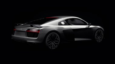 Tula, Rusya. 10 Mayıs 2021: Audi R8 V10 Quattro 2016 gri, şık, siyah arka planda süper spor araba. 3d oluşturma
