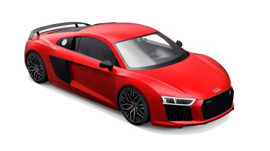 Tula, Rusya. 12 Mayıs 2021: Audi R8 V10 Quattro 2016 kırmızı lüks spor araba beyaz arka planda izole edildi. 3d oluşturma